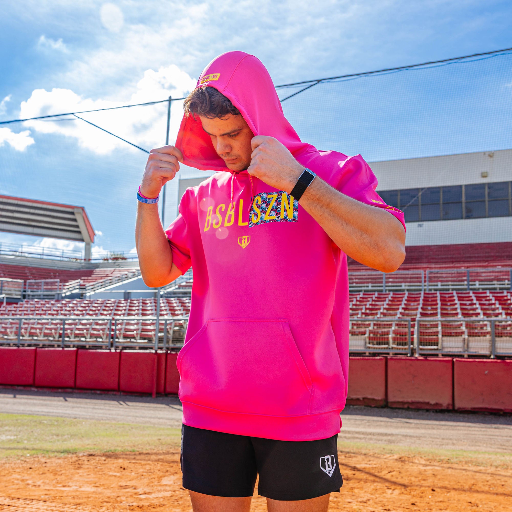 BSBL-SZN Short Sleeve Hoodie V3 - Pink/Smiley Slugger - Image 3