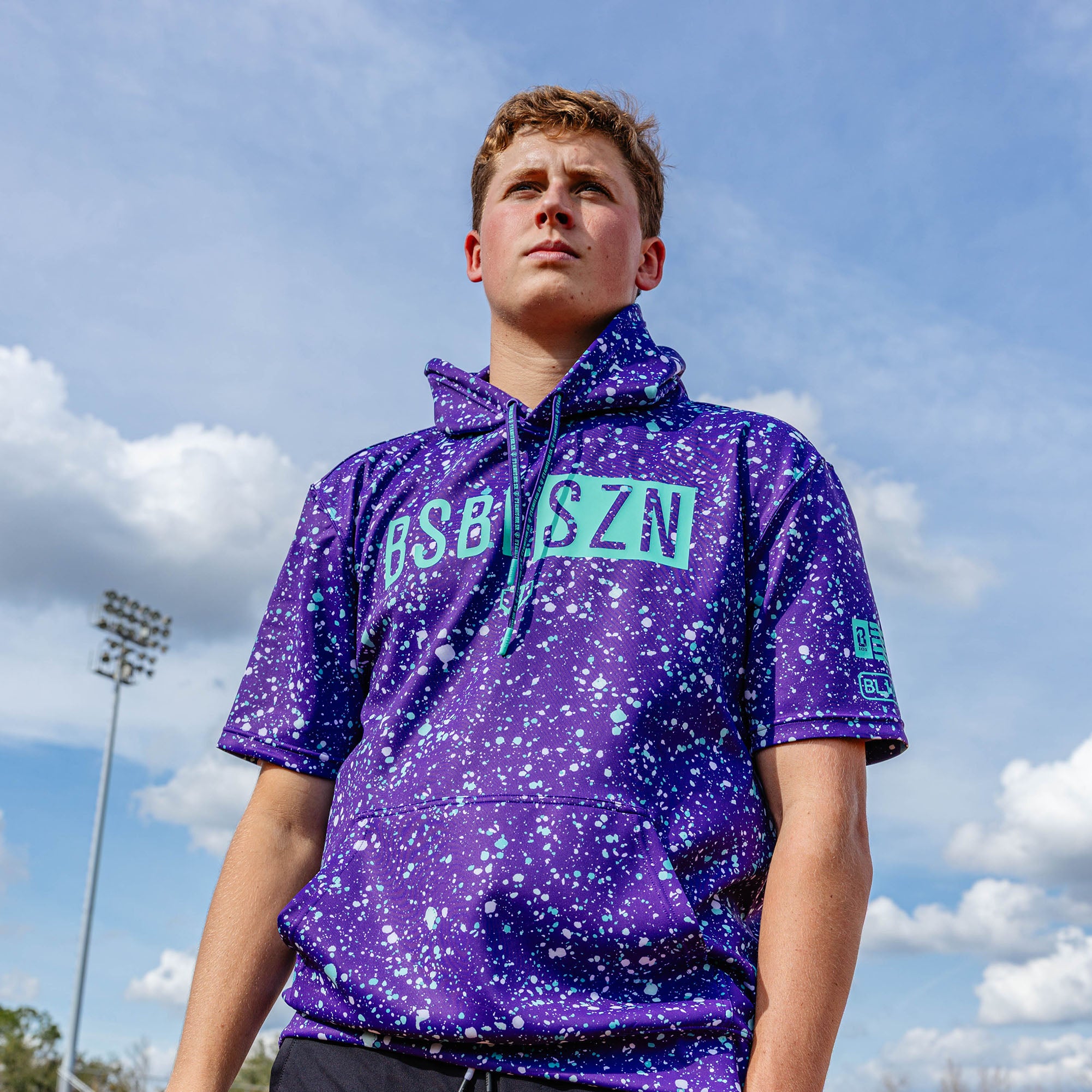 BSBL-SZN Youth Short Sleeve Hoodie V3 - Splatter Purple/Teal - Image 3