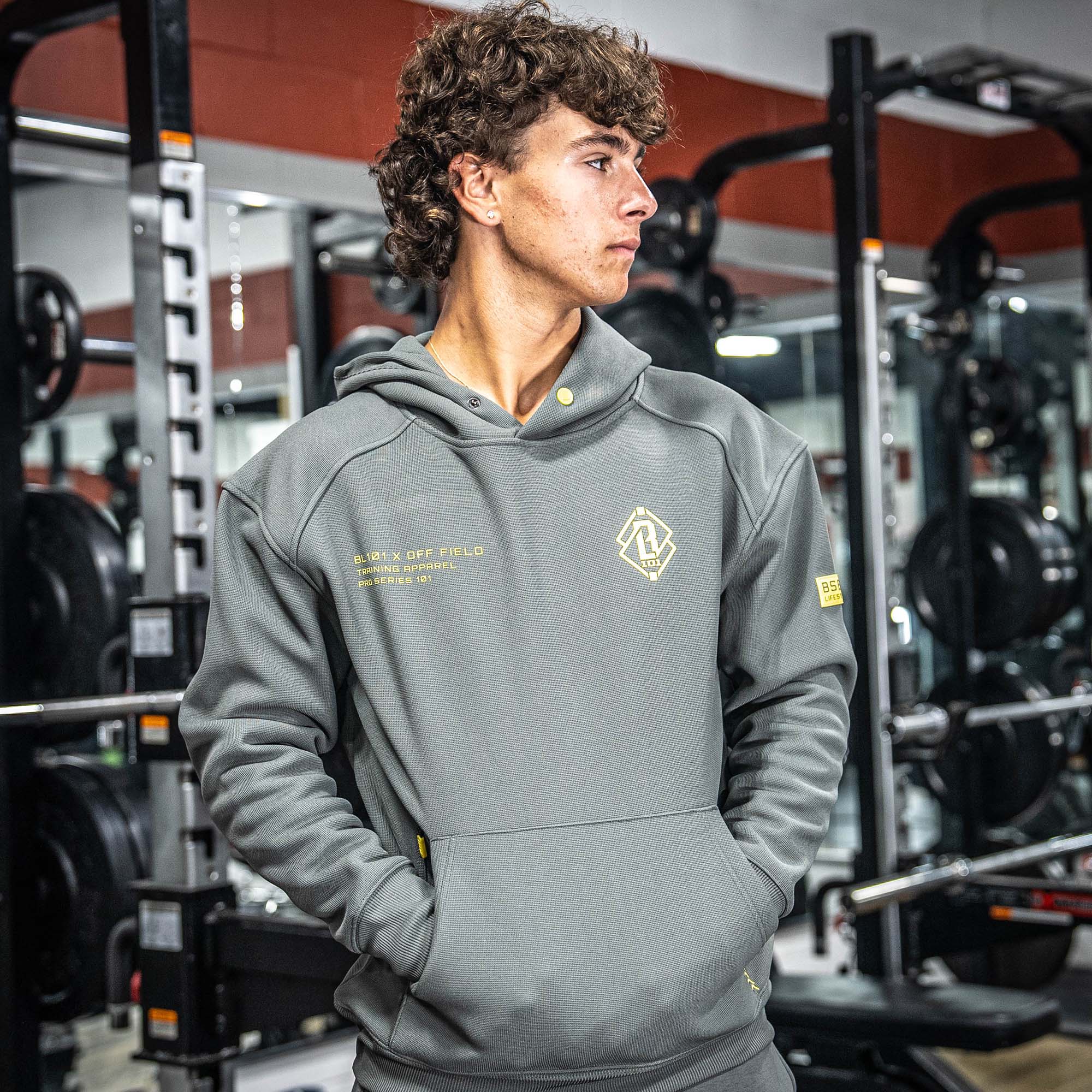 Off-Field Waffle Performance Youth Hoodie - Gray/Yellow - Image 4