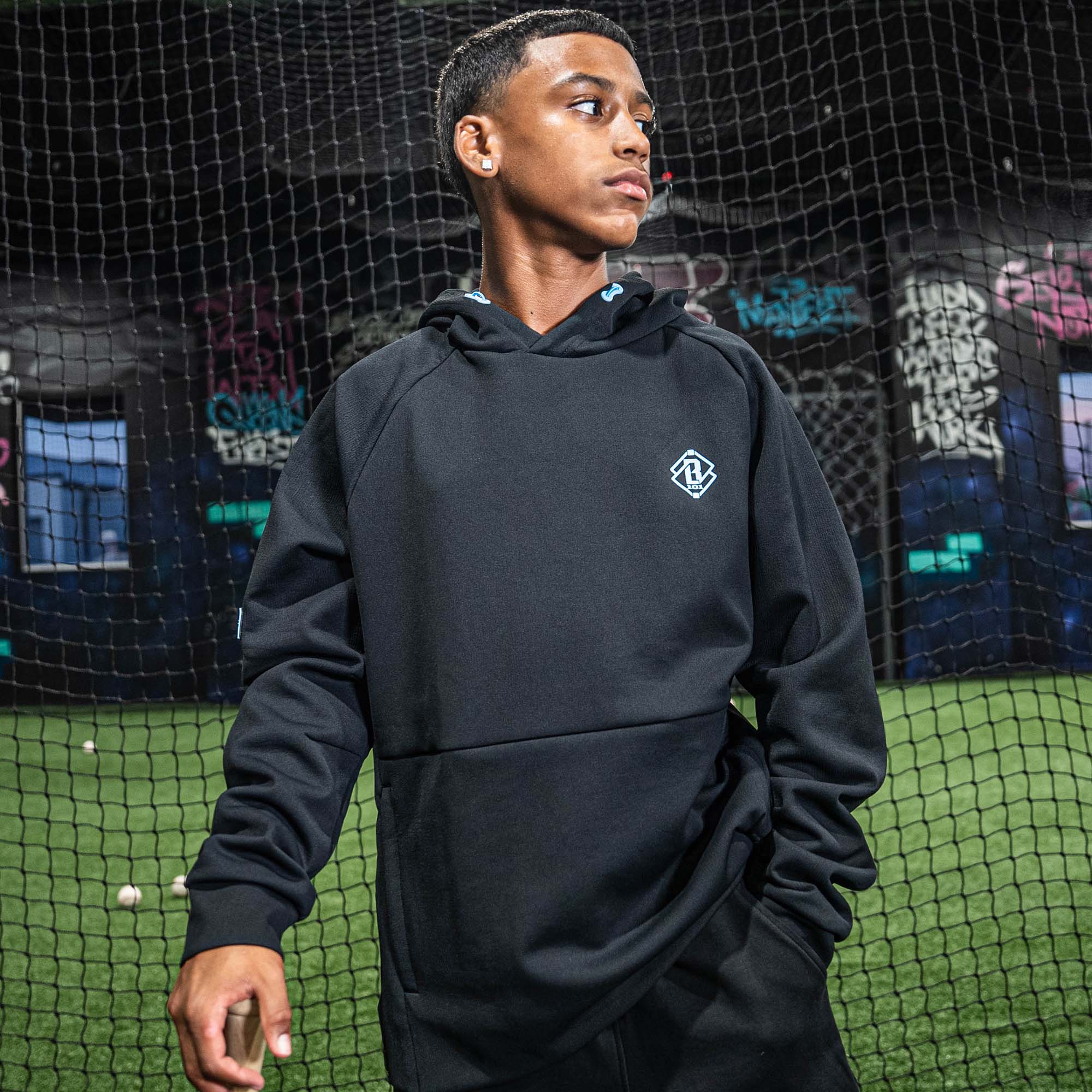 Diamond Tech Side Vented Youth Hoodie - Black/Light Blue - Image 4