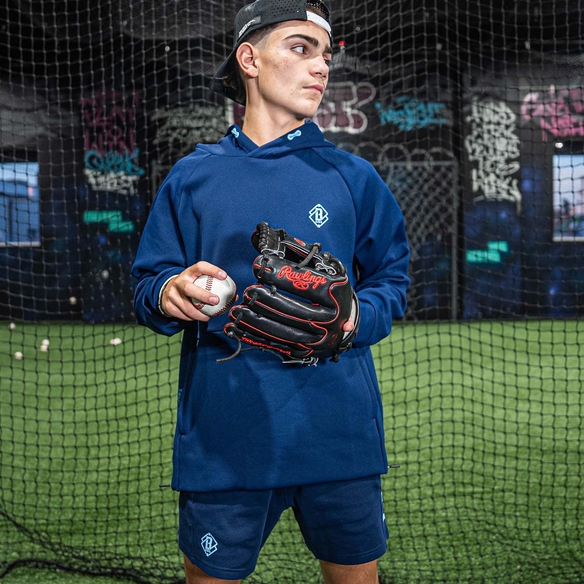 Diamond Tech Side Vented Youth Hoodie - Navy/Light Blue - Image 5