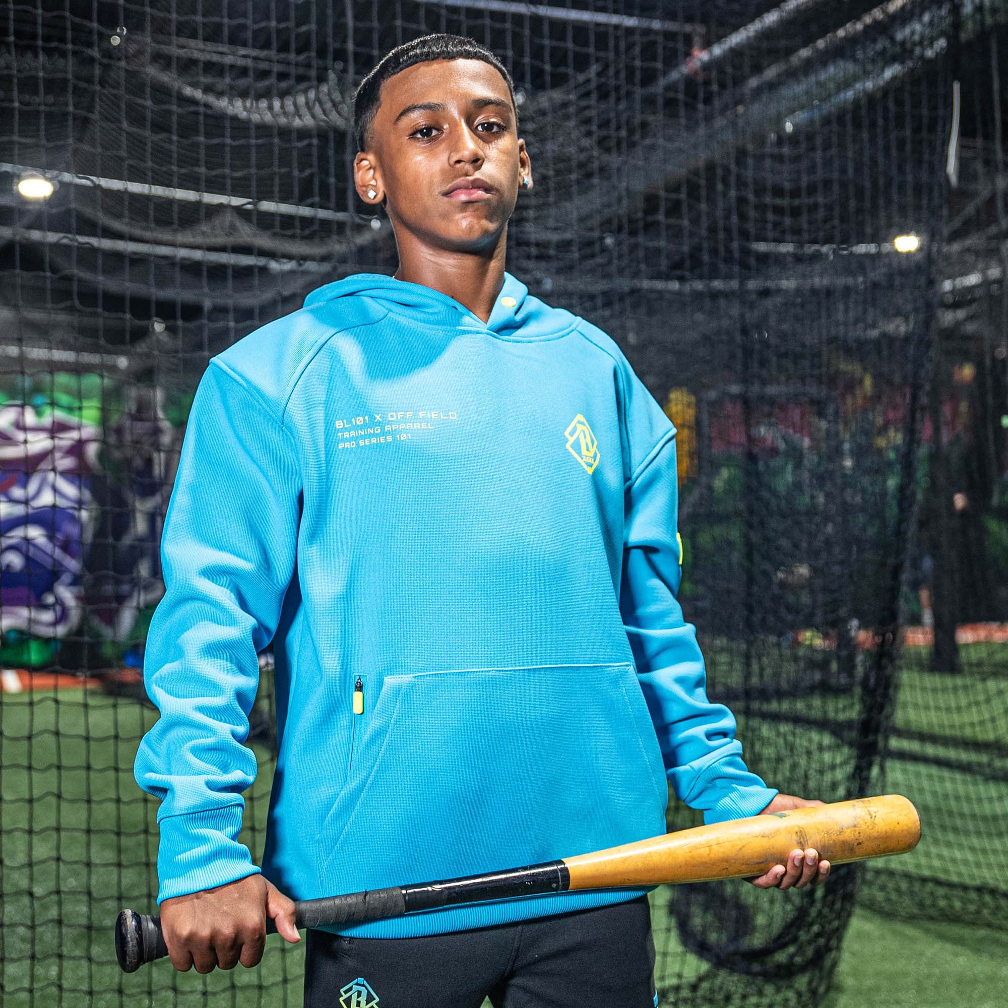 Off-Field Waffle Performance Youth Hoodie - Highlighter Blue - Image 2