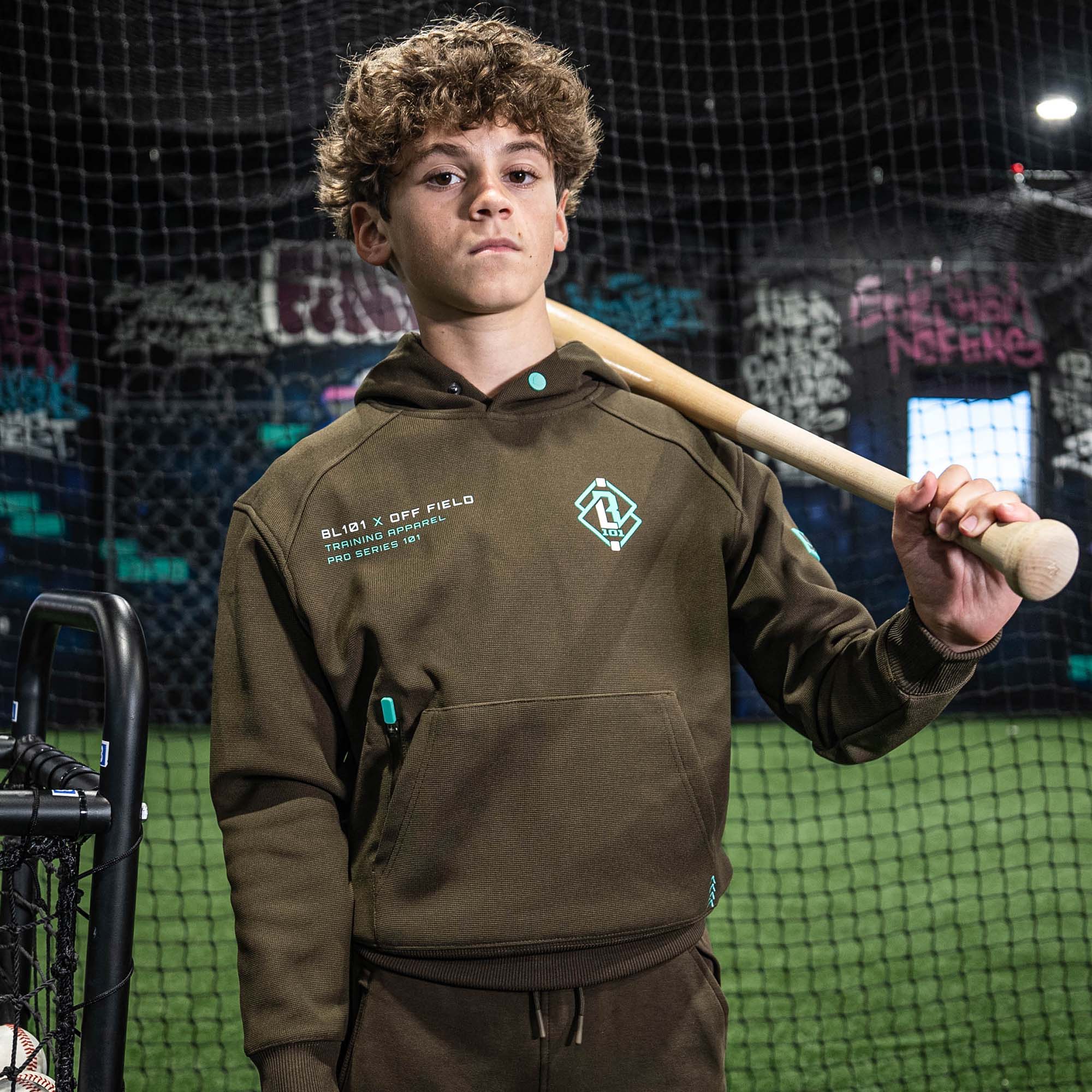 Off-Field Waffle Performance Youth Hoodie - Brown/Mint - Image 2