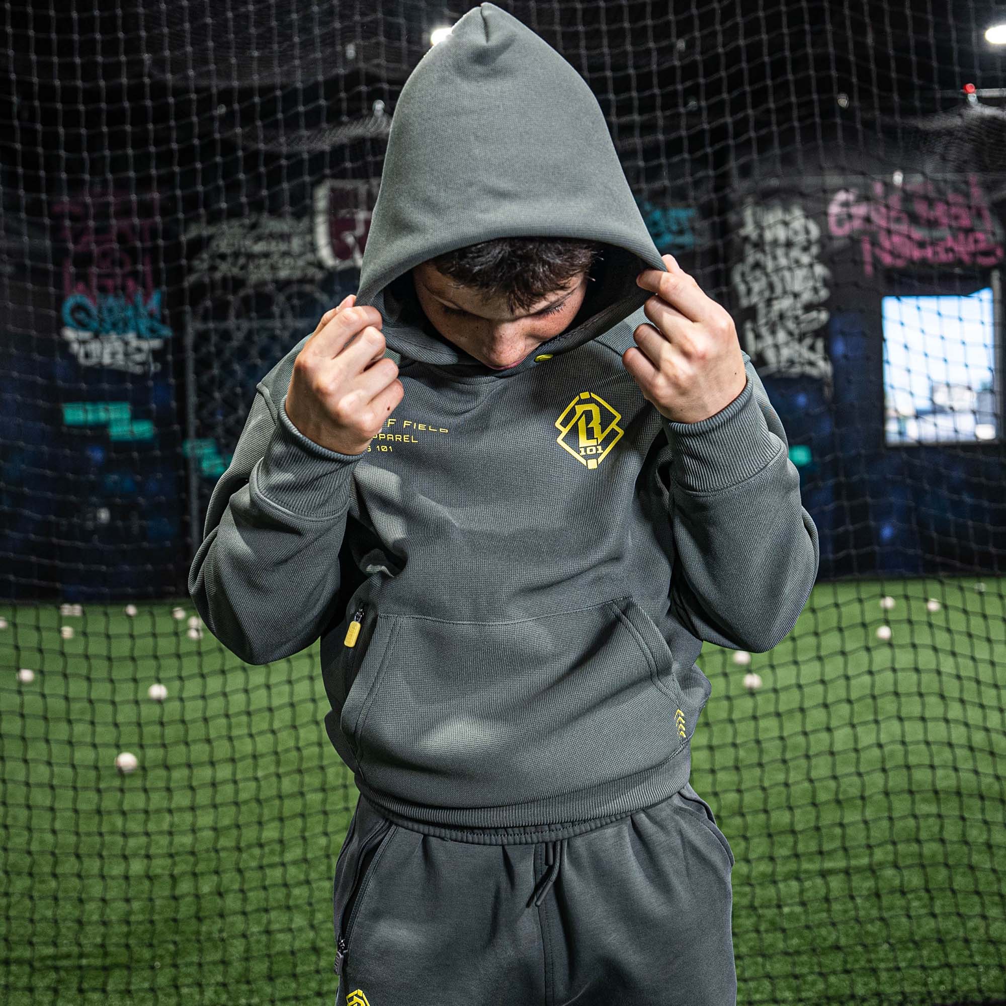Off-Field Waffle Performance Youth Hoodie - Gray/Yellow - Image 5