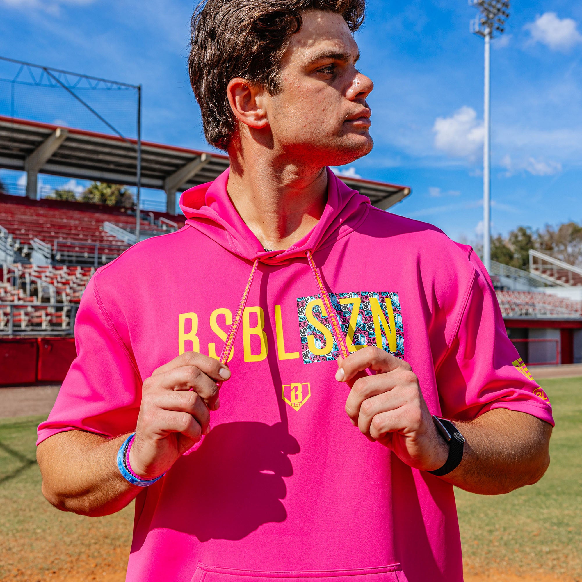 BSBL-SZN Short Sleeve Hoodie V3 - Pink/Smiley Slugger - Image 5