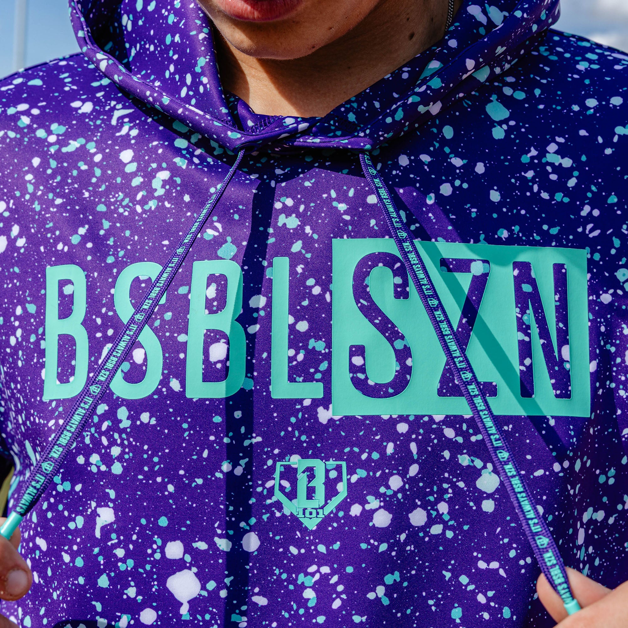 BSBL-SZN Youth Short Sleeve Hoodie V3 - Splatter Purple/Teal - Image 4