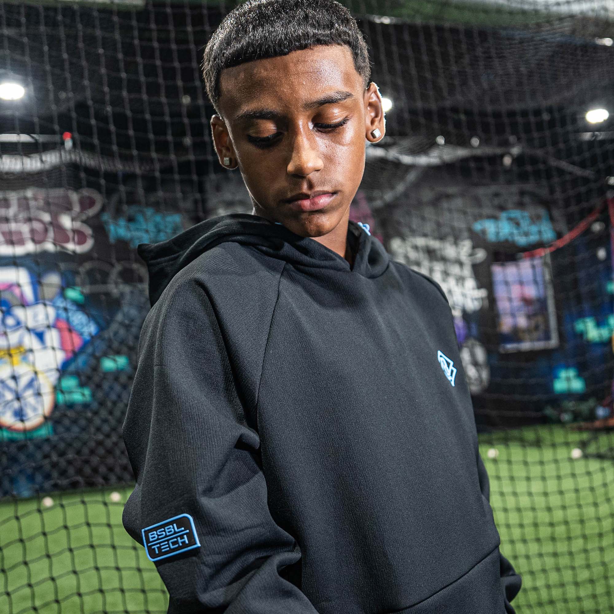 Diamond Tech Side Vented Youth Hoodie - Black/Light Blue - Image 6