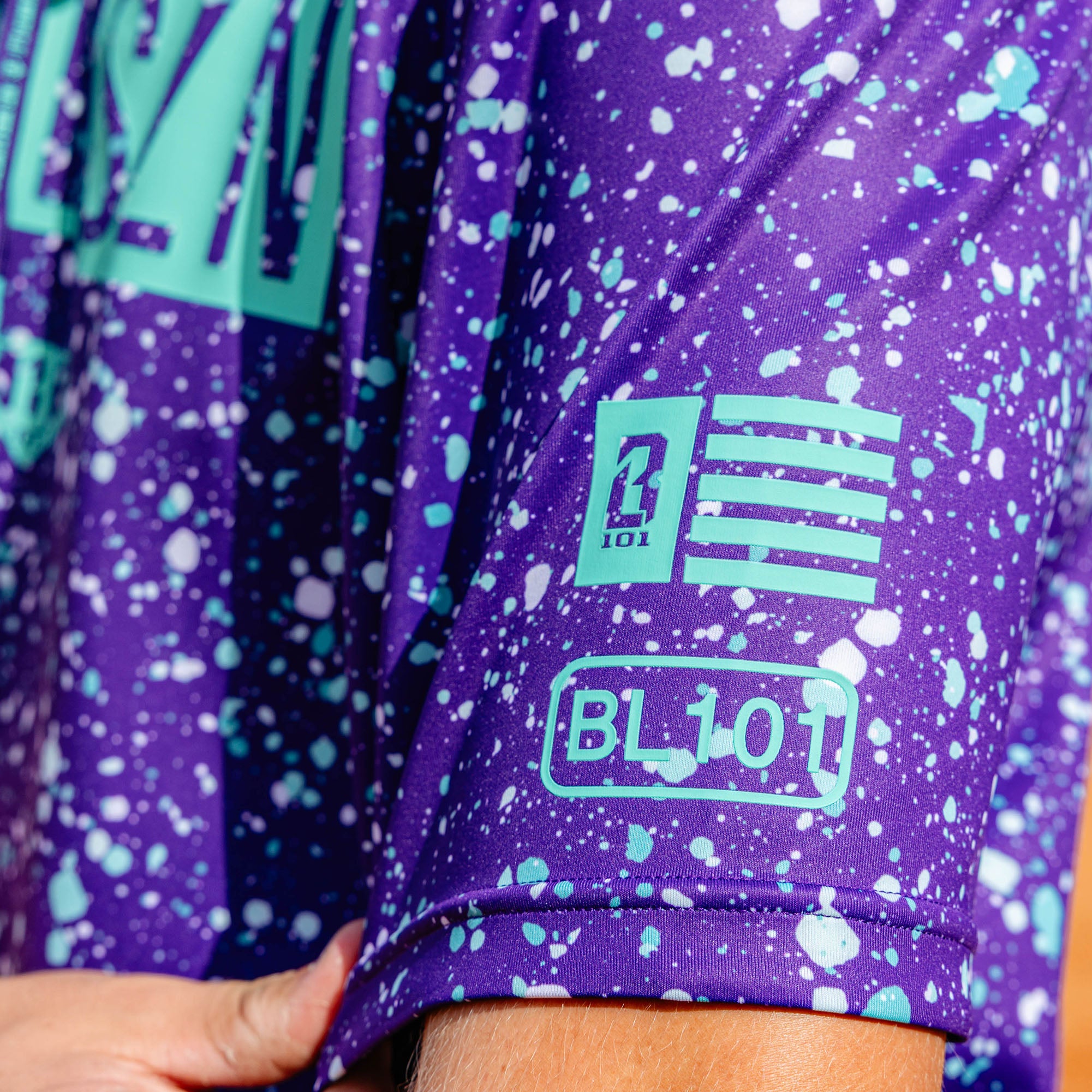 BSBL-SZN Youth Short Sleeve Hoodie V3 - Splatter Purple/Teal - Image 5