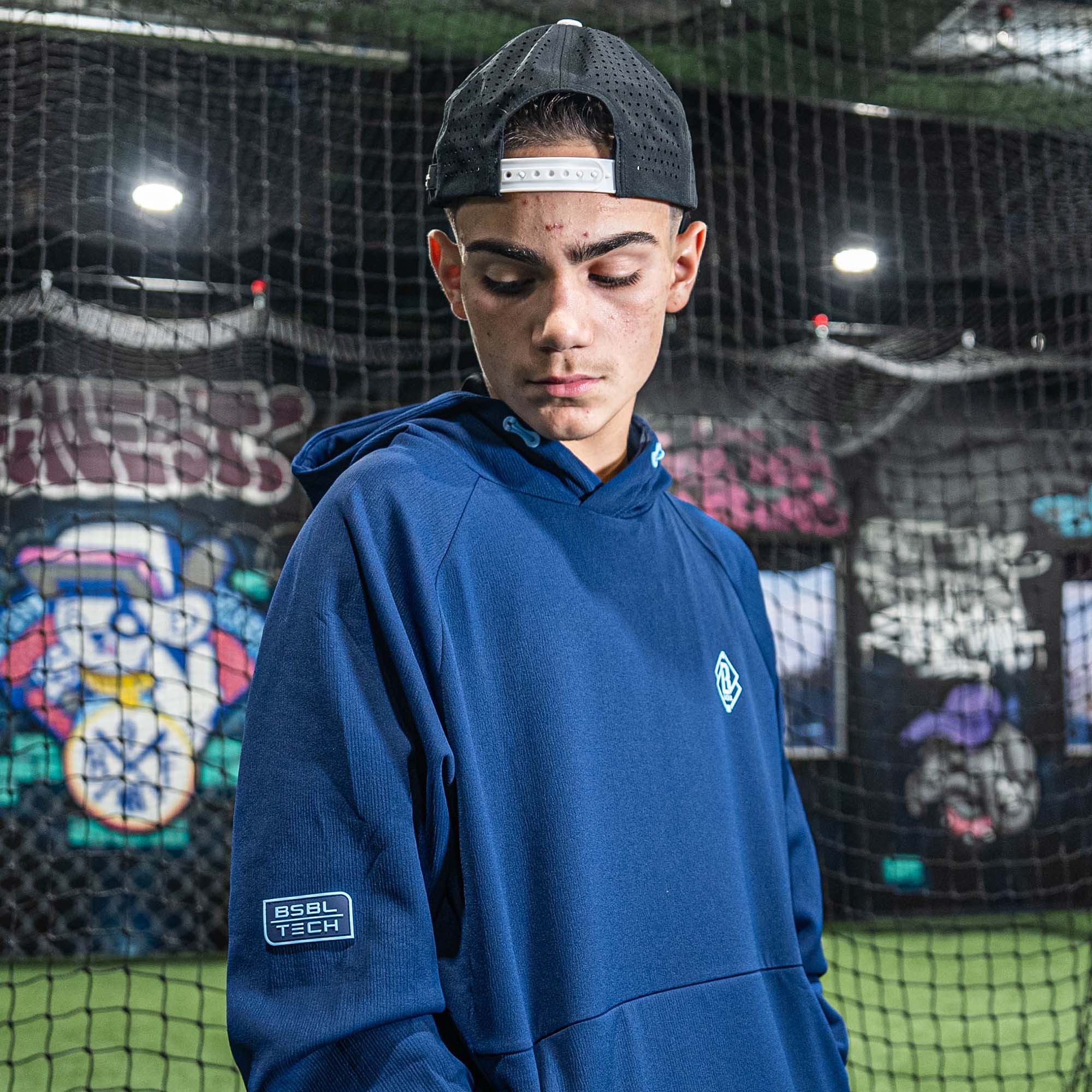 Diamond Tech Side Vented Youth Hoodie - Navy/Light Blue - Image 4