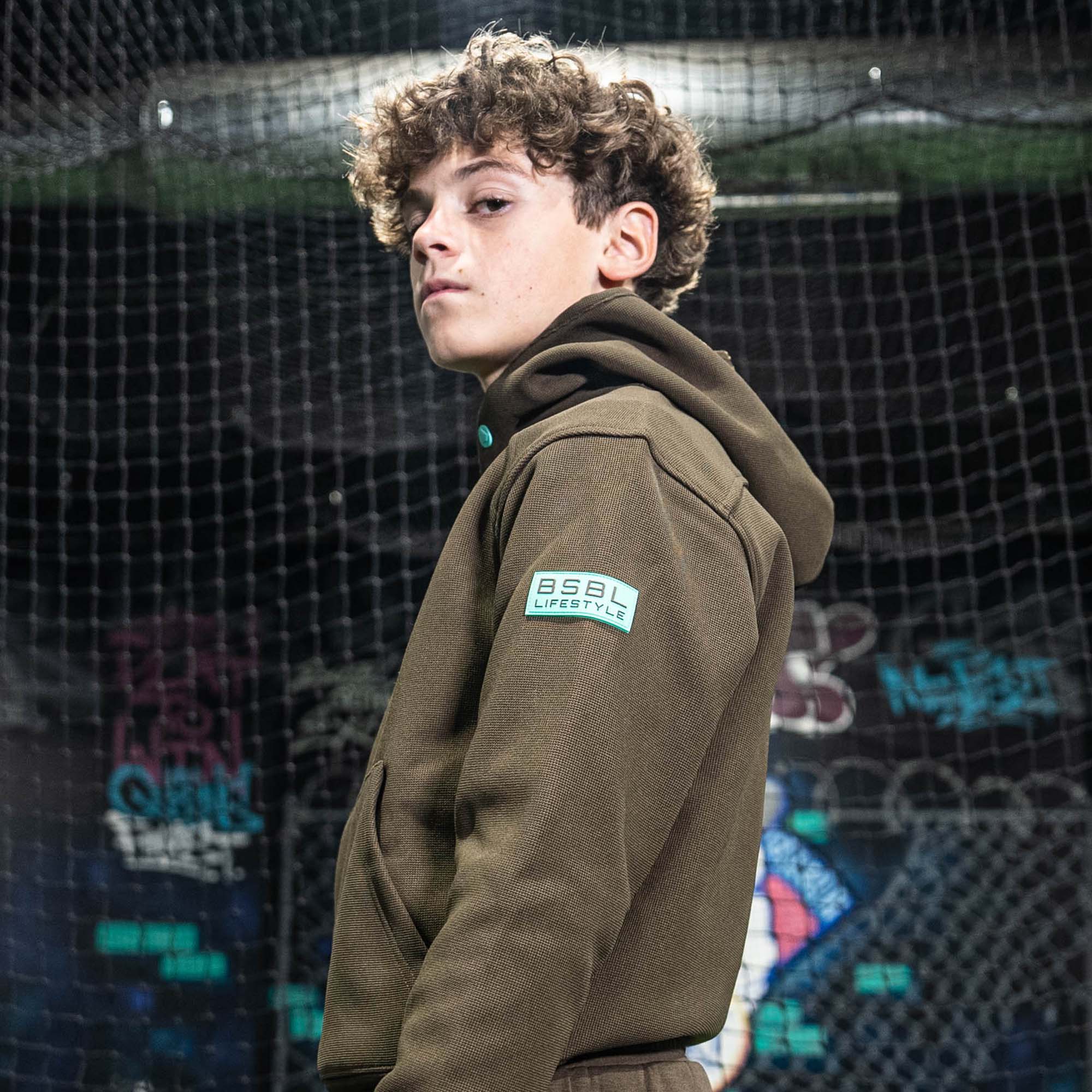 Off-Field Waffle Performance Youth Hoodie - Brown/Mint - Image 6