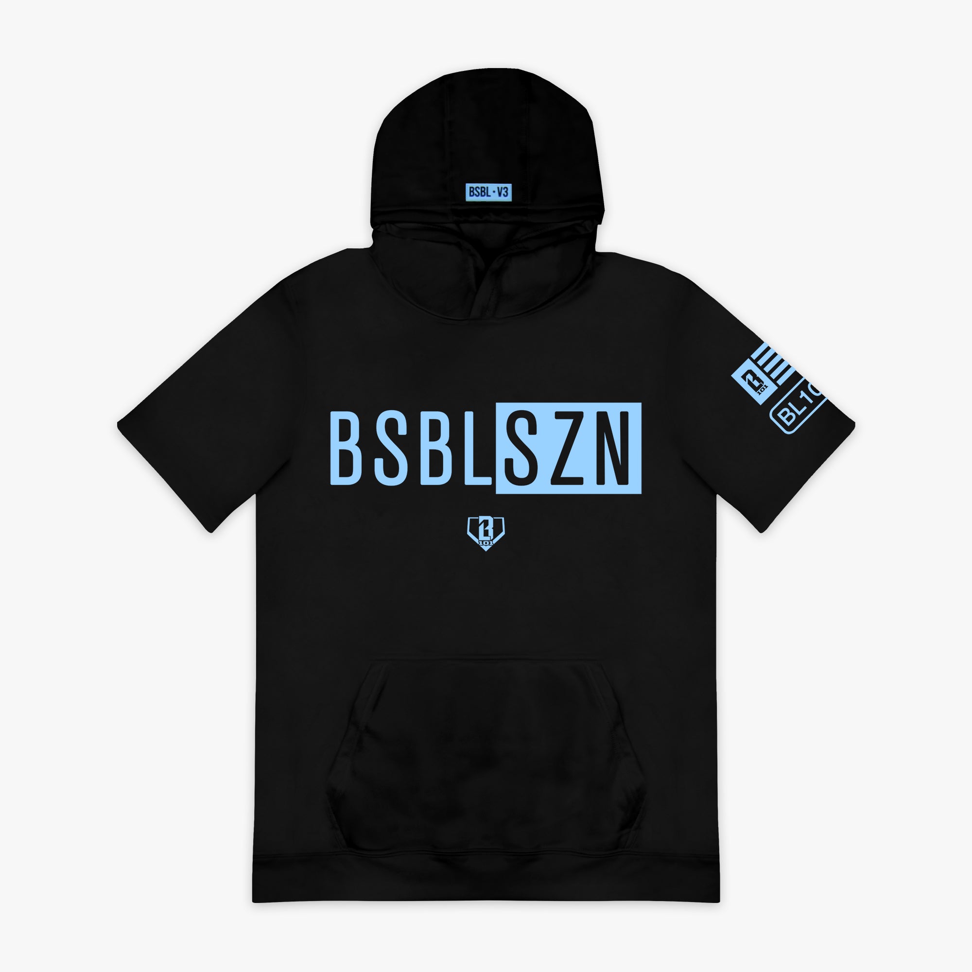 BSBL-SZN Youth Short Sleeve Hoodie V3 - Black/Light Blue