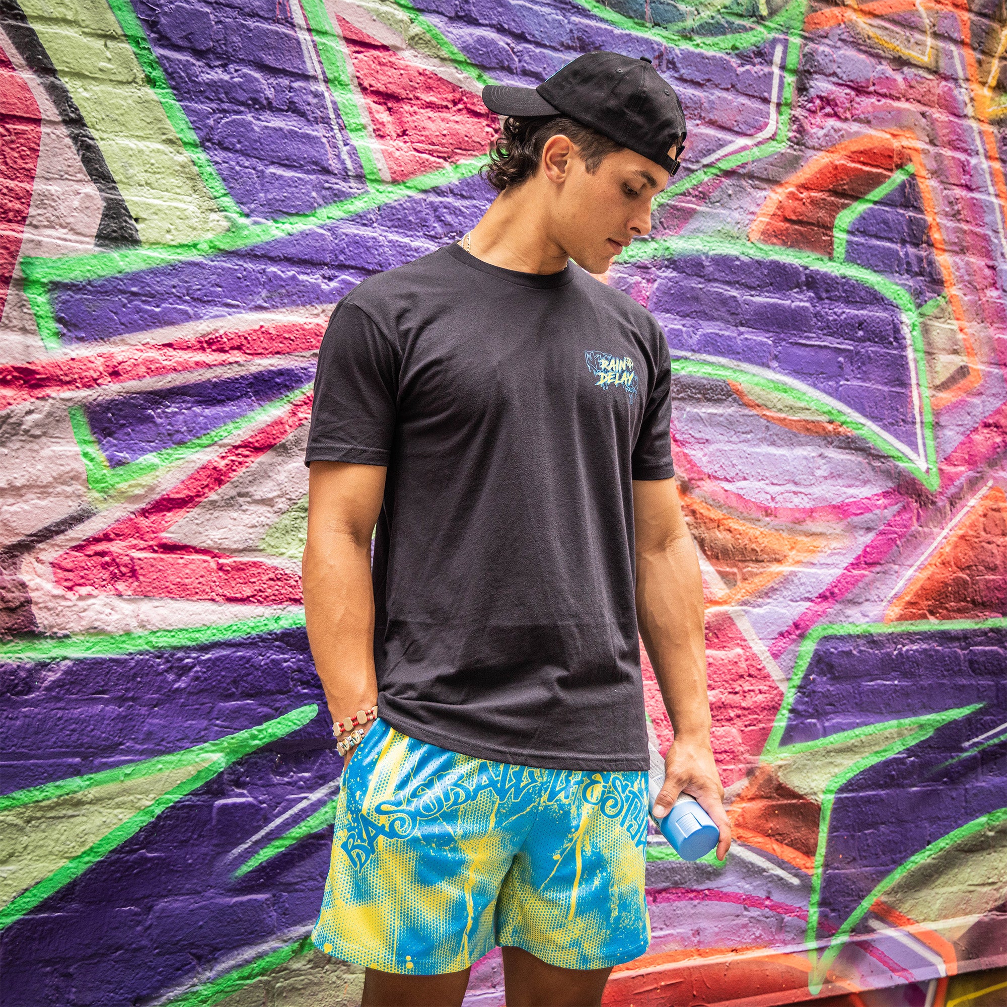 Retro Graffiti Shorts - Blue/Yellow - Image 2