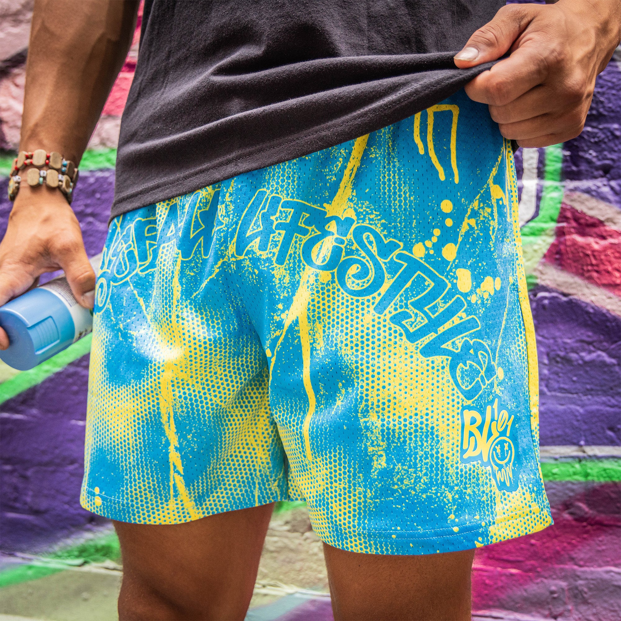 Retro Graffiti Shorts - Blue/Yellow - Image 3
