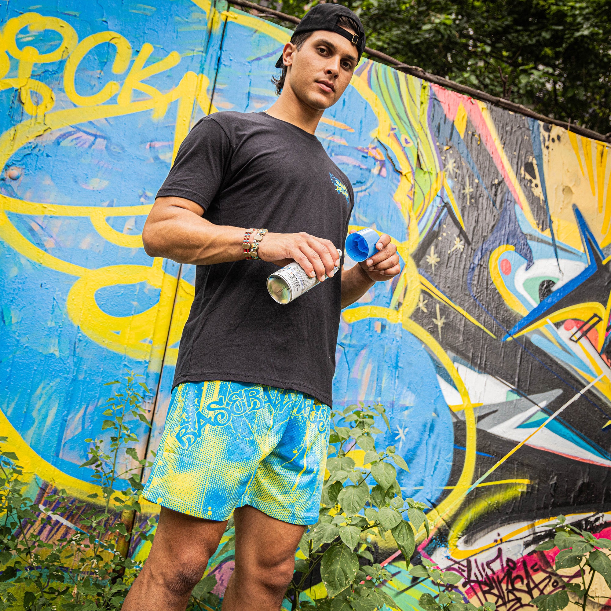 Retro Graffiti Shorts - Blue/Yellow - Image 4