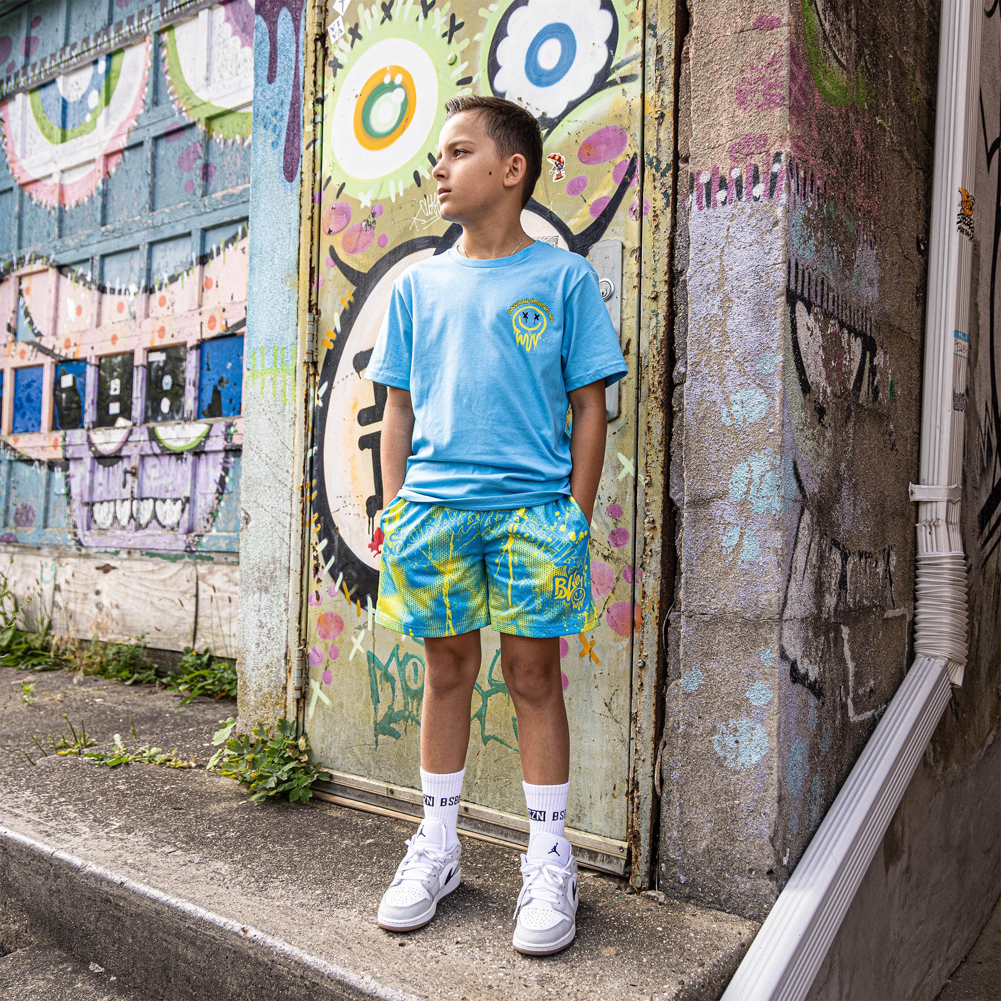 Retro Graffiti Youth Shorts - Blue/Yellow - Image 2