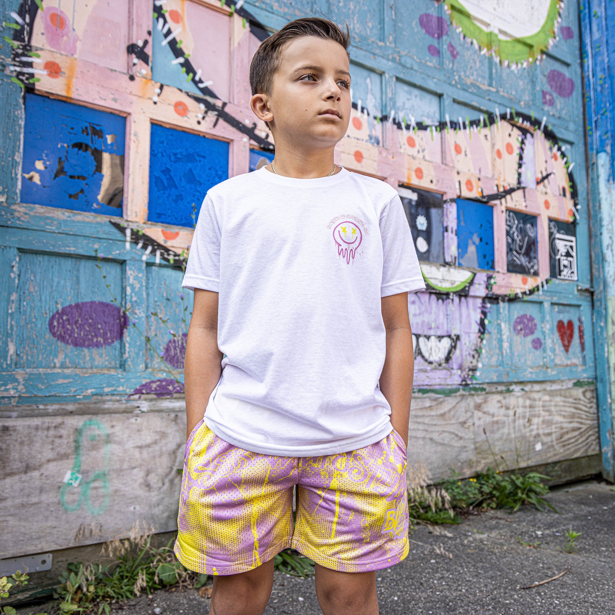 Retro Graffiti Youth Shorts - Pink/Yellow - Image 3