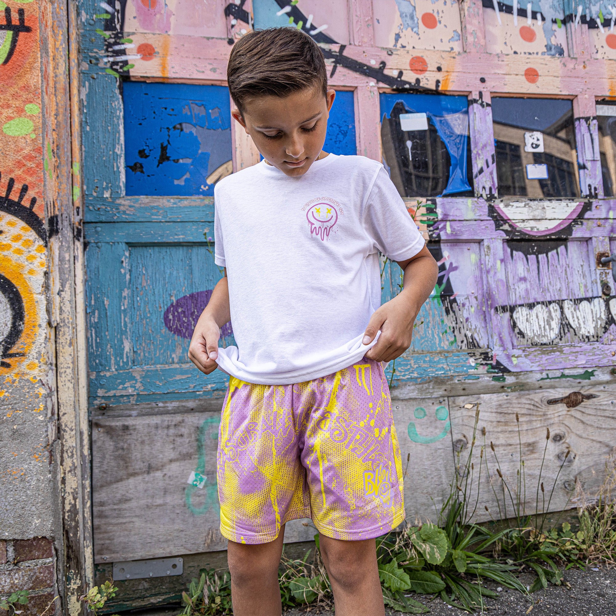 Retro Graffiti Youth Shorts - Pink/Yellow - Image 4