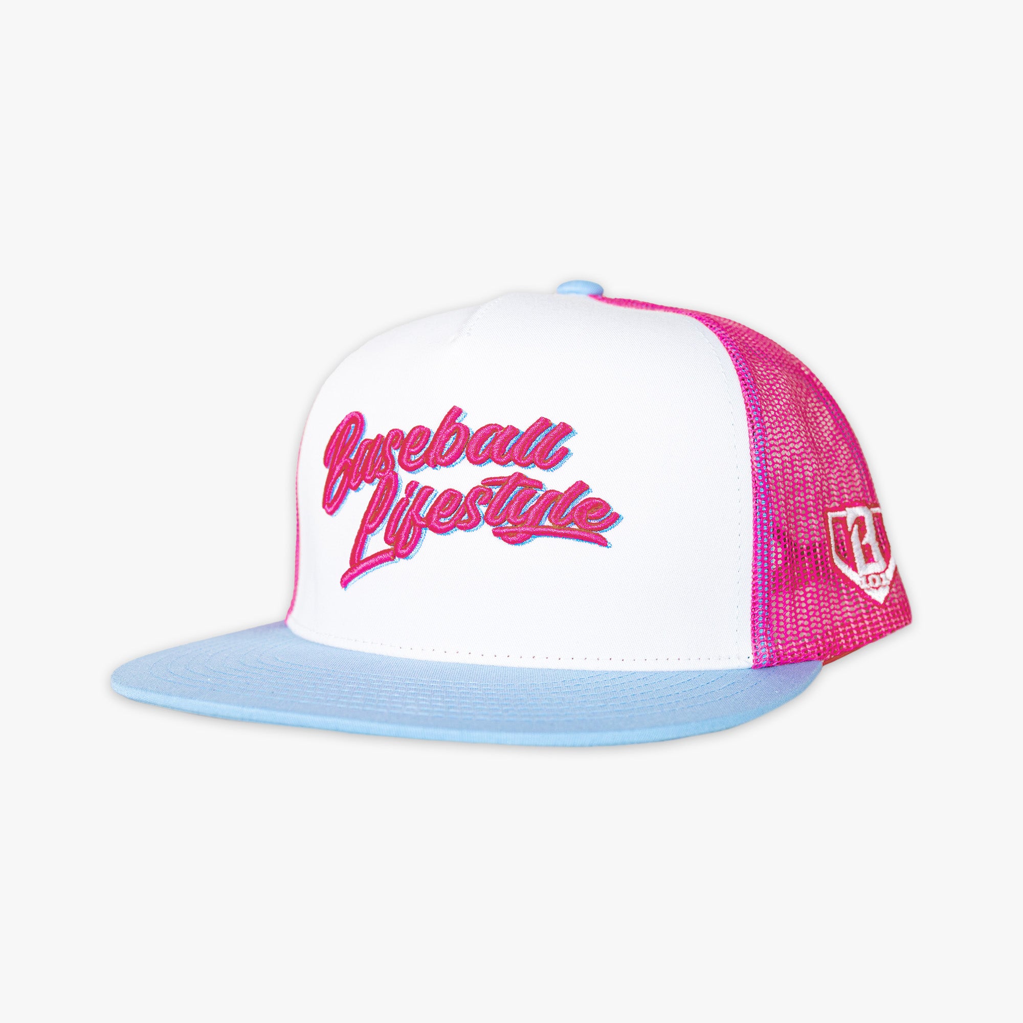 Signature Mesh Snapback Hat - White/Pink/Light Blue