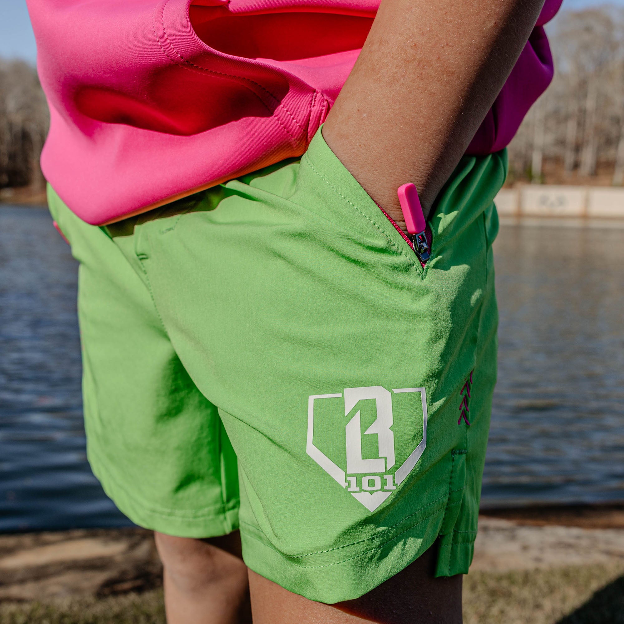 Realtree Pro Series Youth Shorts V2 with Liner - Green/Aspect-Pink - Image 5
