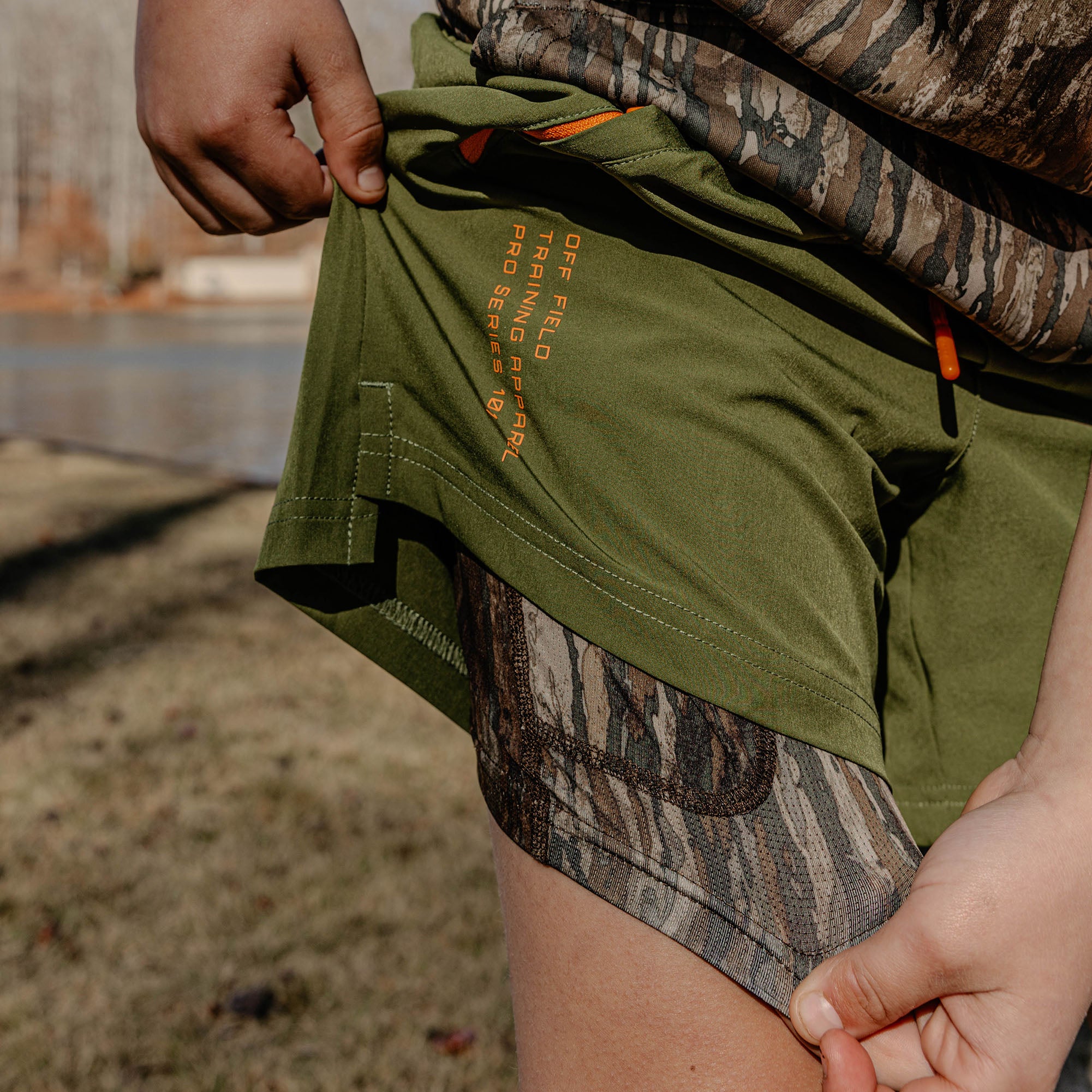 Realtree Pro Series Youth Shorts V2 with Liner - Olive Green/Legacy - Image 3